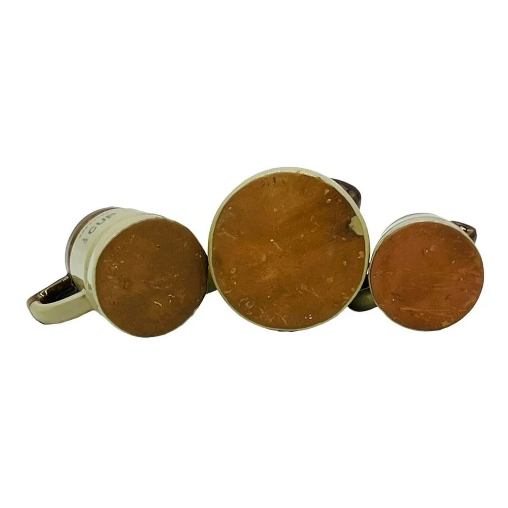 Vintage Stoneware Crock Pitcher Measuring‎ Cup Set of 3 Brown Drip Redware